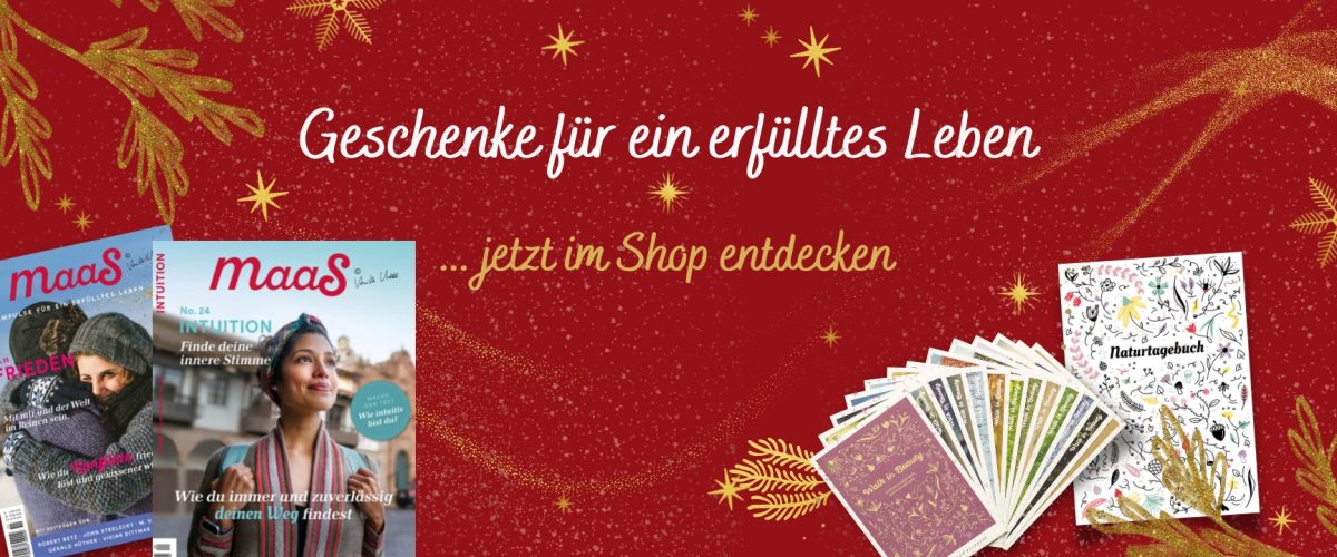 Weihnachtsgeschenk im Maas Shop für ein erfülltes Leben: Walk in Beauty Kartenset, Naturtagebuch, Weihnachtspaket und Maas Magazine.